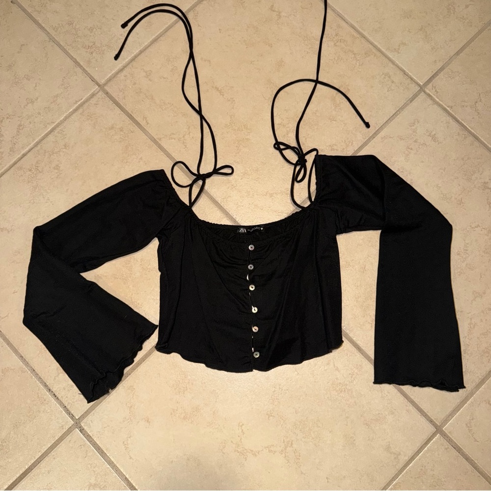 Zara Black Off-Shoulder Crop Top with Tie Straps